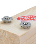 Top Shelf 304 Stainless Steel T Nuts M8 Four Prong 25 Count Pack Locks on wood surface for furniture assembly.