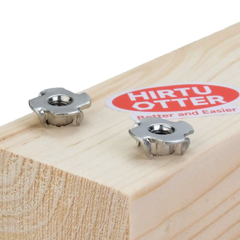 Top Shelf 304 Stainless Steel T Nuts M8 Four Prong 25 Count Pack Locks on wood surface for furniture assembly.