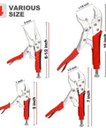Locking Pliers Set Four-Piece With Heavy Duty Anti-Pinch Non-Slip Grip Curved Jaw Five Inch Seven Inch Ten Inch Plus Six And A Half Inch Long Nose Pliers Vise Grip Wrench Set For Versatile Quick Grips And Repetitive Use displayed vertically with size labels