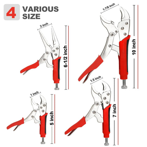 Locking Pliers Set Four-Piece With Heavy Duty Anti-Pinch Non-Slip Grip Curved Jaw Five Inch Seven Inch Ten Inch Plus Six And A Half Inch Long Nose Pliers Vise Grip Wrench Set For Versatile Quick Grips And Repetitive Use displayed vertically with size labels