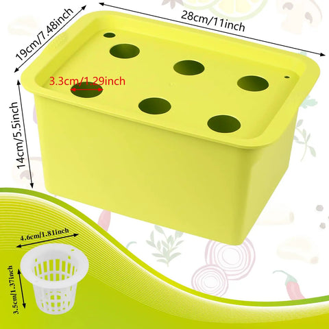 Indoor Hydroponics Grow Kit Self Watering System showing green planting box with black plant holes, dimensions highlighted.