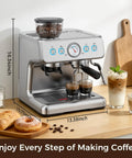 Prosumer Espresso Machine With Built In Grinder Featuring 20 Bar Pressure Thermoblock Heating Keeps Temperatures Rock Solid, silver unit with coffee cups.