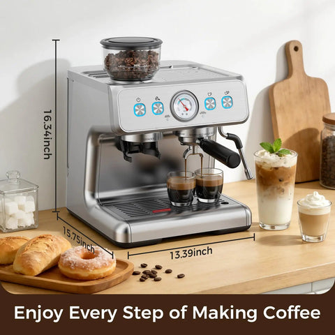 Prosumer Espresso Machine With Built In Grinder Featuring 20 Bar Pressure Thermoblock Heating Keeps Temperatures Rock Solid, silver unit with coffee cups.