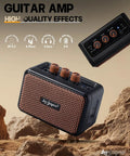Ultra Portable 5W Dual Speaker Bluetooth Guitar Amplifier with Rechargeable Battery, clean and overdrive modes, compact design.