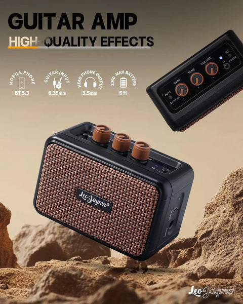 Ultra Portable 5W Dual Speaker Bluetooth Guitar Amplifier with Rechargeable Battery, clean and overdrive modes, compact design.