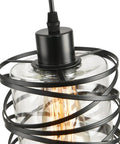 Close-up of Two Pack Black Spiral Cage Pendant Lights with clear glass, frosted inner glass, and industrial matte black finish