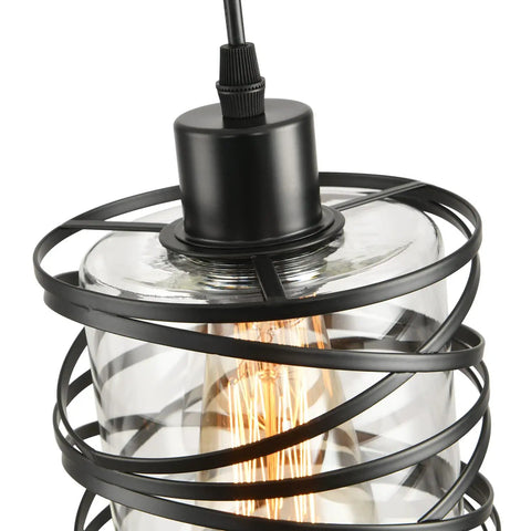 Killer Three Pack Pendant Lights For Kitchen Island And Dining Table Matte Black Spiral Cage With Clear Glass Shades close-up view