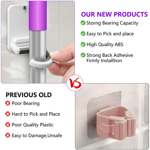 Comparison of Heavy-Duty Wall Mount Broom And Mop Holder Holds Up To 10 Lb with secure screw-in mounting vs older model