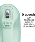 Smooth Operator 5 Speed Electric Hand Mixer With Slow Start Tech And Quick Burst Design control panel showing 5 speed settings in classic mint.