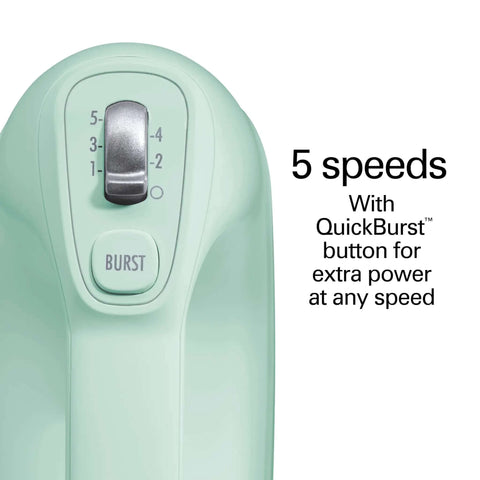 Smooth Operator 5 Speed Electric Hand Mixer With Slow Start Tech And Quick Burst Design control panel showing 5 speed settings in classic mint.