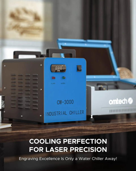 Industrial CO2 Water Chiller For K40 Laser Engravers Up To 50 Watts showing digital display and controls on a countertop.
