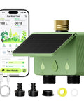 Two Zone Smart Garden Sprinkler Timer With Flow Meter For Hose, Solar Powered Controller next to smartphone app display