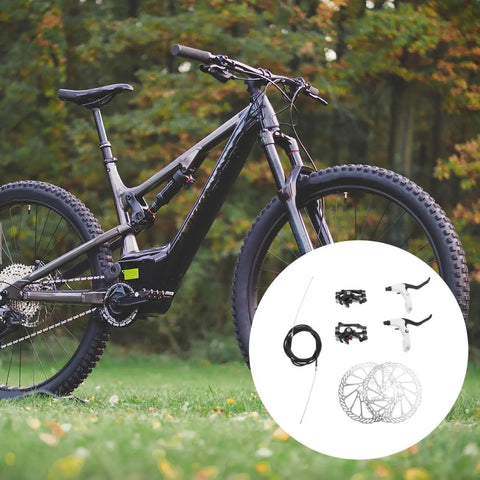 Epic Mountain Bike Hydraulic Disc Brake Kit With Beefy Pads And CNC Balanced Rotors For Gnarly Trails And Smoother Weekend Shredding Anywhere You Ride displayed with a black mountain bike.