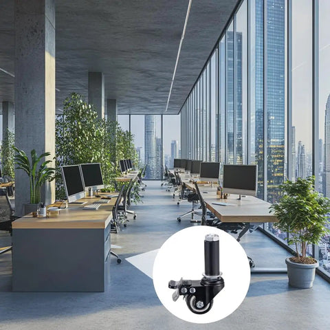 Heavy Duty 4 Pack Swivel Expanding Stem Casters With Firm Brake And Smooth Rolling PVC Wheels Paired With Tough Steel Braces For Quicker Furniture Swap On Tables And Bar Stools In Matte Black