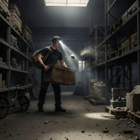 Man wearing Ultra Bright LED Glasses With Rechargeable Headlight Motion Sensor And Touch Control in a dimly lit warehouse.