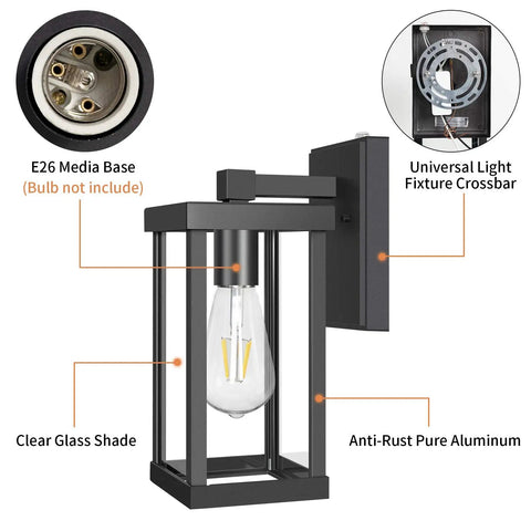 Dusk To Dawn Outdoor Wall Lantern Fixture Set Of 2 With IC Sensor Matte Black Exterior Wall Mount Porch Lights Anti Rust Waterproof LED Sconce