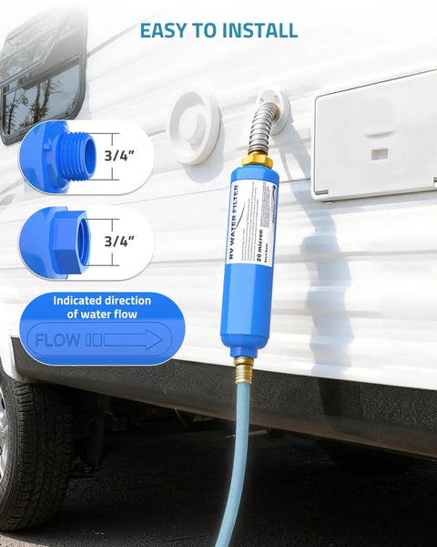 Reliable 2 Pack Inline Water Hose Filter For Rv Camper And Boat Kdf Gear installed on RV with clear flow direction and fittings.