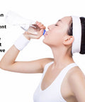 Woman drinking water with text on lithium as a natural element