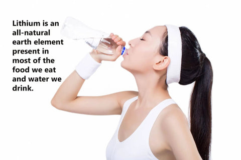 Woman drinking water with text on lithium as a natural element