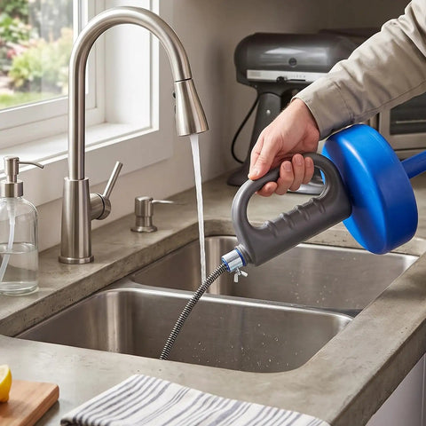 Heavy Duty 33 Foot Manual Drain Snake Featuring Flexible Spring Steel Wire, being used to clear a kitchen sink.