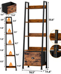 Diagram of 5 Tier Ladder Shelf With Removable Fabric Drawer, Rustic Wood and Metal Bookcase Organizer, with dimensions