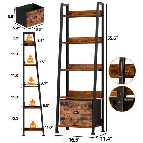 Diagram of 5 Tier Ladder Shelf With Removable Fabric Drawer, Rustic Wood and Metal Bookcase Organizer, with dimensions