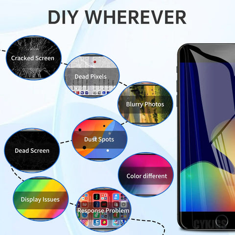 Visual issues solved by the IPhone 7 Plus Screen Replacement Kit With Home Button And Front Camera Five Point Five Inch Black LCD Digitizer Full Assembly Repair All In One Tool Set For A1661 A1784 A1785 Includes Earpiece Speaker Sensor.