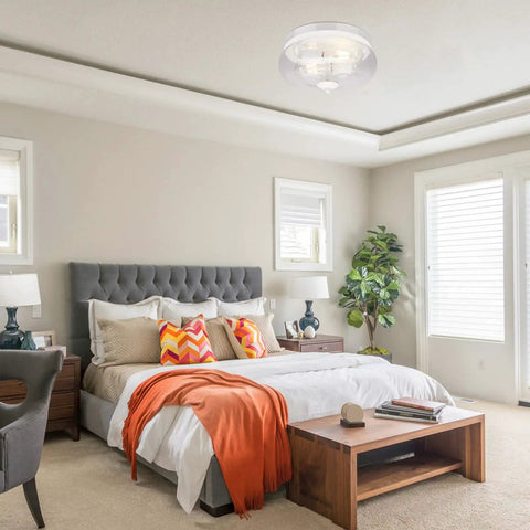 Cozy bedroom with Seeded Glass Flush Mount Ceiling Light Fixture With 2 Light Sockets For Indoor Outdoor Use White Finish Modern Round Ceiling Lamp For Hallway Kitchen Bedroom Porch Living Room Dining Room That Keeps It Lit