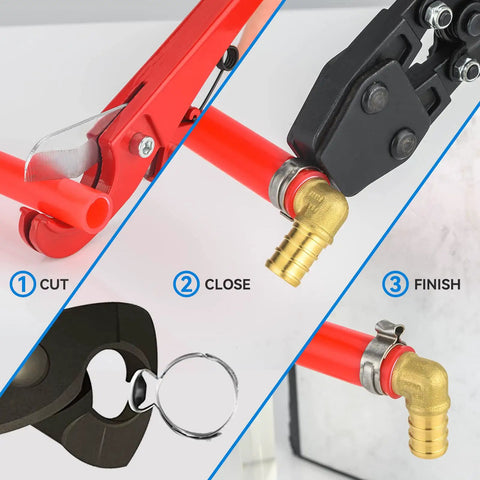 Tool using 100 Pack Half Inch PEX Cinch Clamp Rings Heavy Duty 304 Stainless Steel PEX Crimp Rings on red tubing