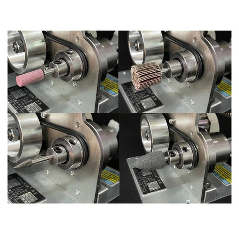 Different attachments for No Fluff Heavy Duty Electric Belt Sander And Grinder Combo on steel frame, showcasing versatility.