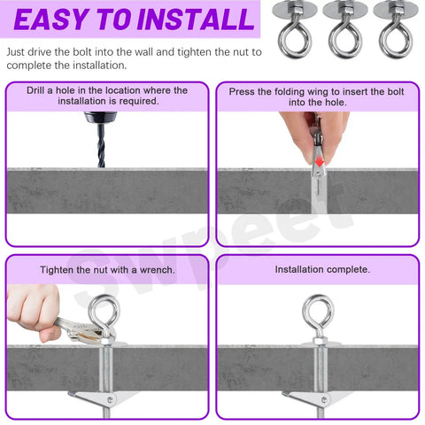 Step-by-step installation of 15 Piece M6x70mm Eye Bolt Toggle Bolt Kit with Wing Nuts for drywall.