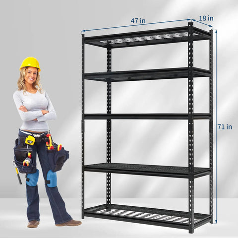 Commercial Grade Five Tier Steel Shelving Unit With Fully Adjustable Heights Rock Solid Workhorse For Warehouse And Garage Setup 2500 Lb Capacity Tough As Nails Metal Storage Rack next to a woman in work attire.