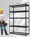 Five Tier Heavy Duty Adjustable Metal Garage Storage Shelves Black Steel Rack With Massive 2200 Pound Load Rating featuring a woman and dimensions 47x18x71 inches.