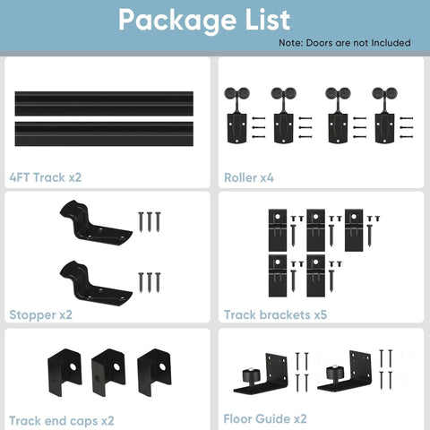 8ft Beefy Box Rail Exterior Barn Door Hardware Kit, 450 lb Capacity, includes tracks, rollers, brackets, stoppers, end caps, floor guide.