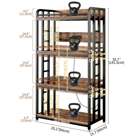4 Tier Heavy Duty Kitchen Baker's Rack With Power Outlet And Industrial Wheels, Rustic Brown, showing size dimensions and shelves