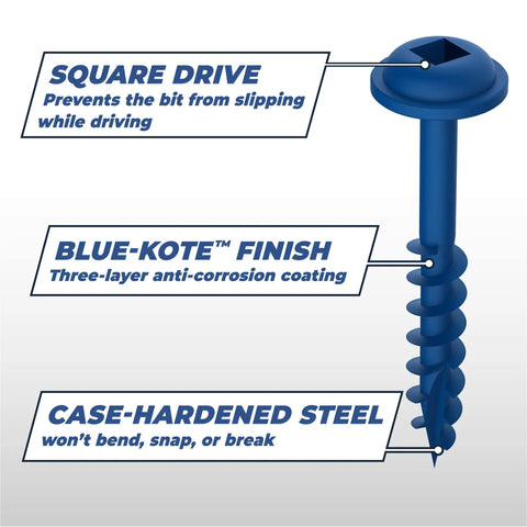 Close-up of Blue-Kote Pocket-Hole Screws 2-1/2 Inch Weather Resistant Maxi-Loc Head Coarse Thread Outdoor 2000 Count