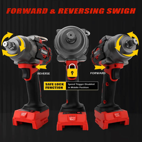 Tough As Nails 1/2 Drive Brushless Cordless Impact Wrench in forward and reverse mode, featuring safe lock function, for heavy duty auto work.