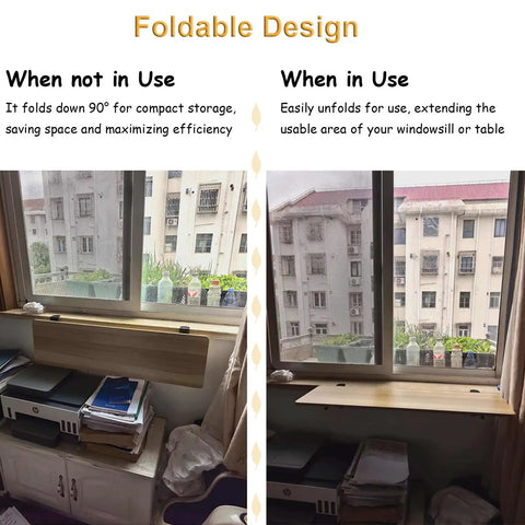 Smooth Operator Foldable Window Ledge Extender And Clamp On Desk Shelf for Books and Plants in both folded and unfolded states.