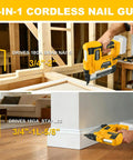 Slick 2In1 Cordless Brad Nailer And Staple Gun Works With 20V Batteries displaying brad nail and staple features in action.