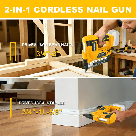 Slick 2In1 Cordless Brad Nailer And Staple Gun Works With 20V Batteries displaying brad nail and staple features in action.