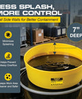 Yellow Pro Grade Spill Reducing Drum Transfer Funnel for 30 and 55 gallon drums 18 inch diameter with 7 inch high side walls, heavy duty liquid handling