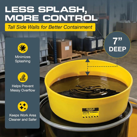 Yellow Pro Grade Spill Reducing Drum Transfer Funnel for 30 and 55 gallon drums 18 inch diameter with 7 inch high side walls, heavy duty liquid handling