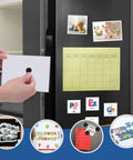 Hella Strong 360 Pack Flexible Magnetic Dots With Self Adhesive Backing Dope Peel And Stick Tape For Fridge Wall Crafts Home Organization Super Quick Apply on a fridge displaying photos and a calendar.