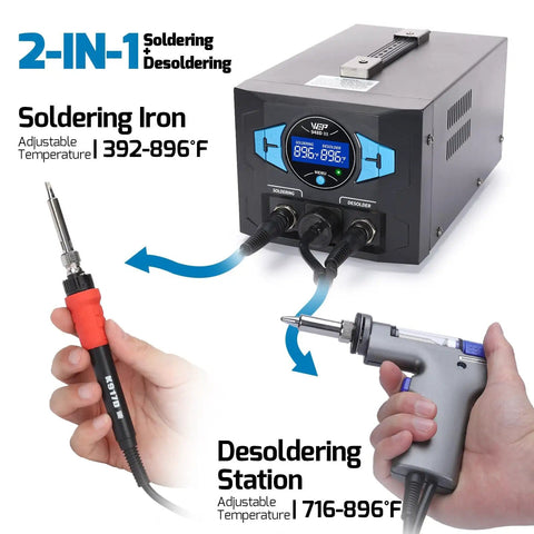 Upgraded 2 In 1 ESD Safe Soldering Desoldering Station with hands holding soldering iron and desoldering gun, 392-896°F display