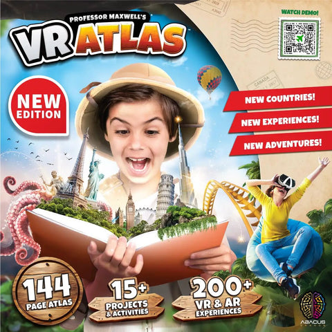 VR Atlas World Explorer Science Kit For Kids 8 To 12 - Totally Immersive AR Learning With A 144 Page Illustrated World Atlas, Hands-On Projects And Global Landmarks, Cultures, Currency And Cuisine. new edition cover showing child with atlas and VR scenes