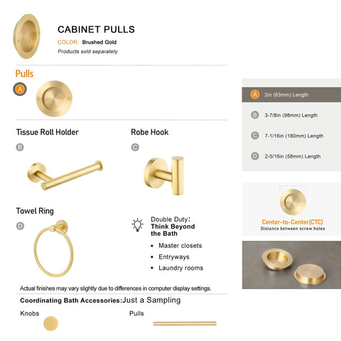 4 Pack Solid Brass Finger Pulls For Sliding Doors And Cabinets, 2 1/8 Inch Flush Recessed Round Cup Pulls In Brushed Gold