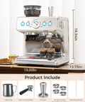 Top Tier Home Barista Espresso Machine With Solid Grinder And True Dual Boiler brewing coffee and steaming foam with milk jug.