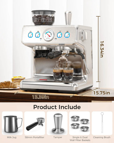 Top Tier Home Barista Espresso Machine With Solid Grinder And True Dual Boiler brewing coffee and steaming foam with milk jug.