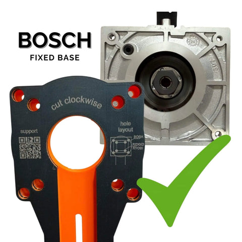 Bosch fixed base with circle cutting jig for trim routers, showcasing adjustable design for circular cutouts, woodworking tool.