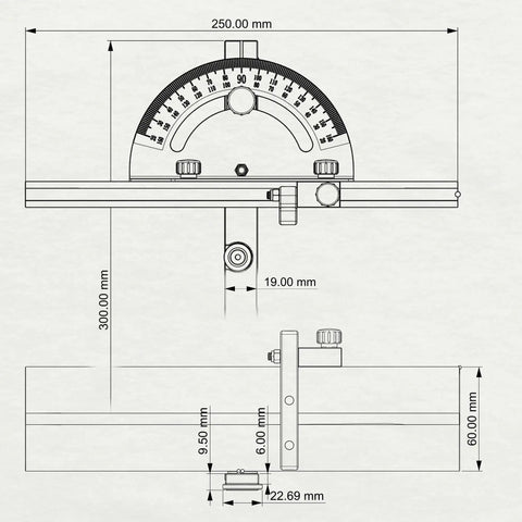Diagram of Heavy Duty Precision Miter Gauge For Table Saw, showing dimensions and features for accurate cuts.